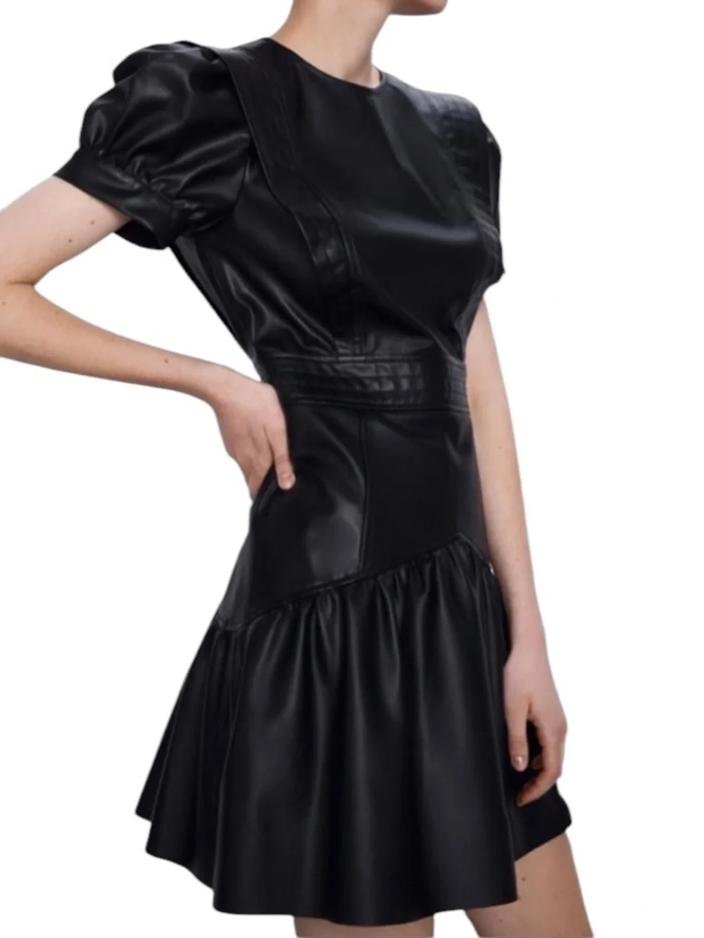 LN Zara Black Faux Leather Puff Sleeve Flared Mini Dress - XS